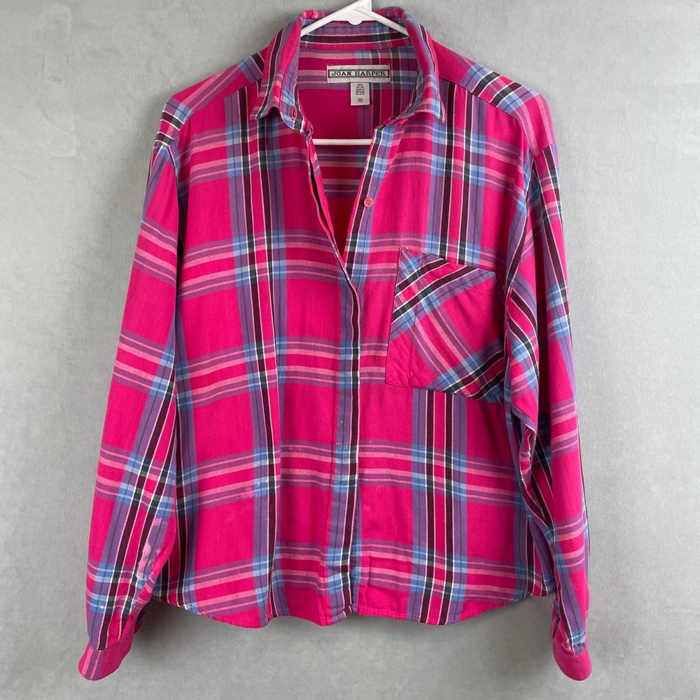 Vintage 90s Joan Harper Pink Plaid Button Up Shirt Cotton Portugal Barbie Wmn 12